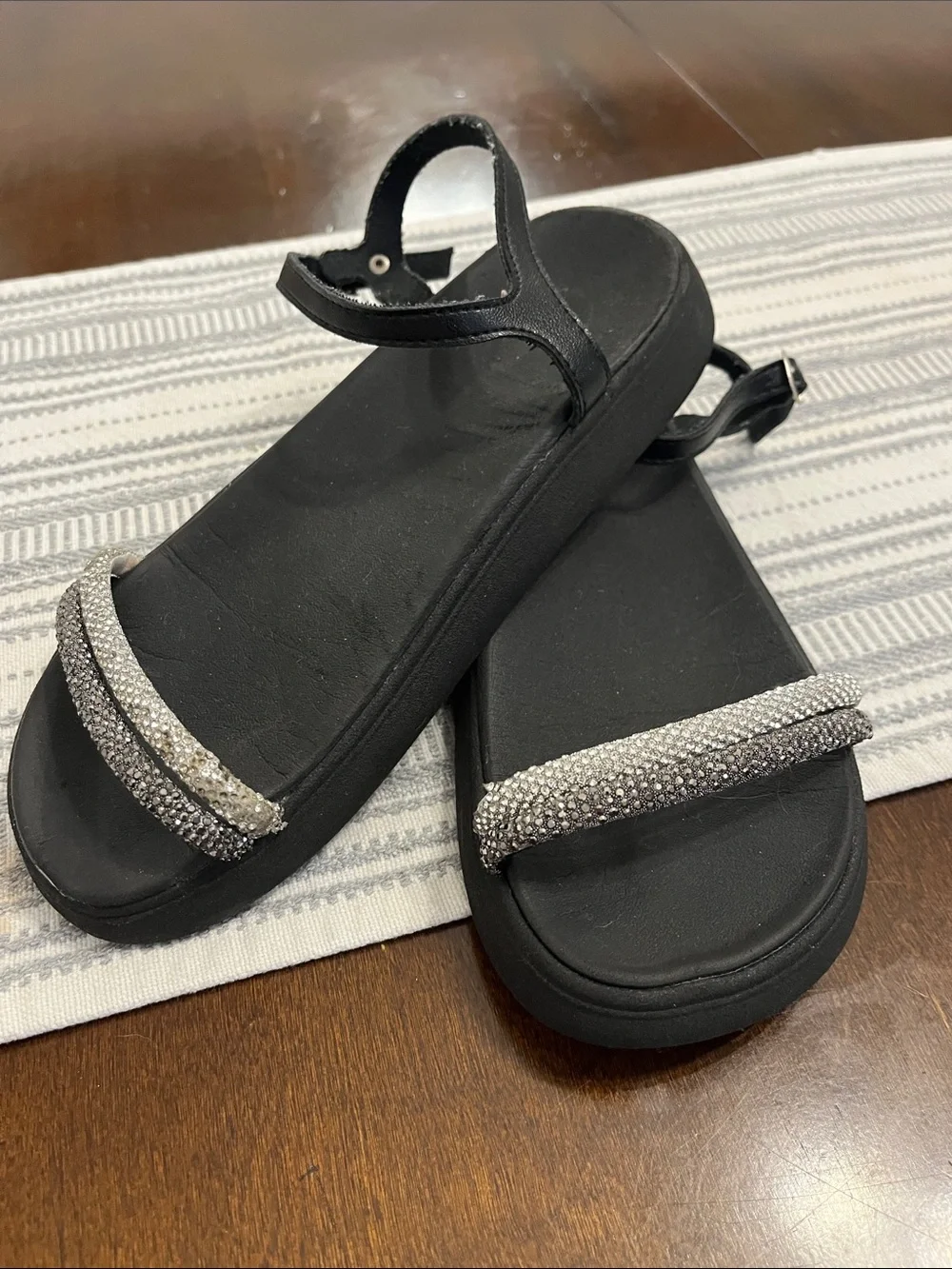 Girls' Black Sparkle-Strap Ankle Sandals